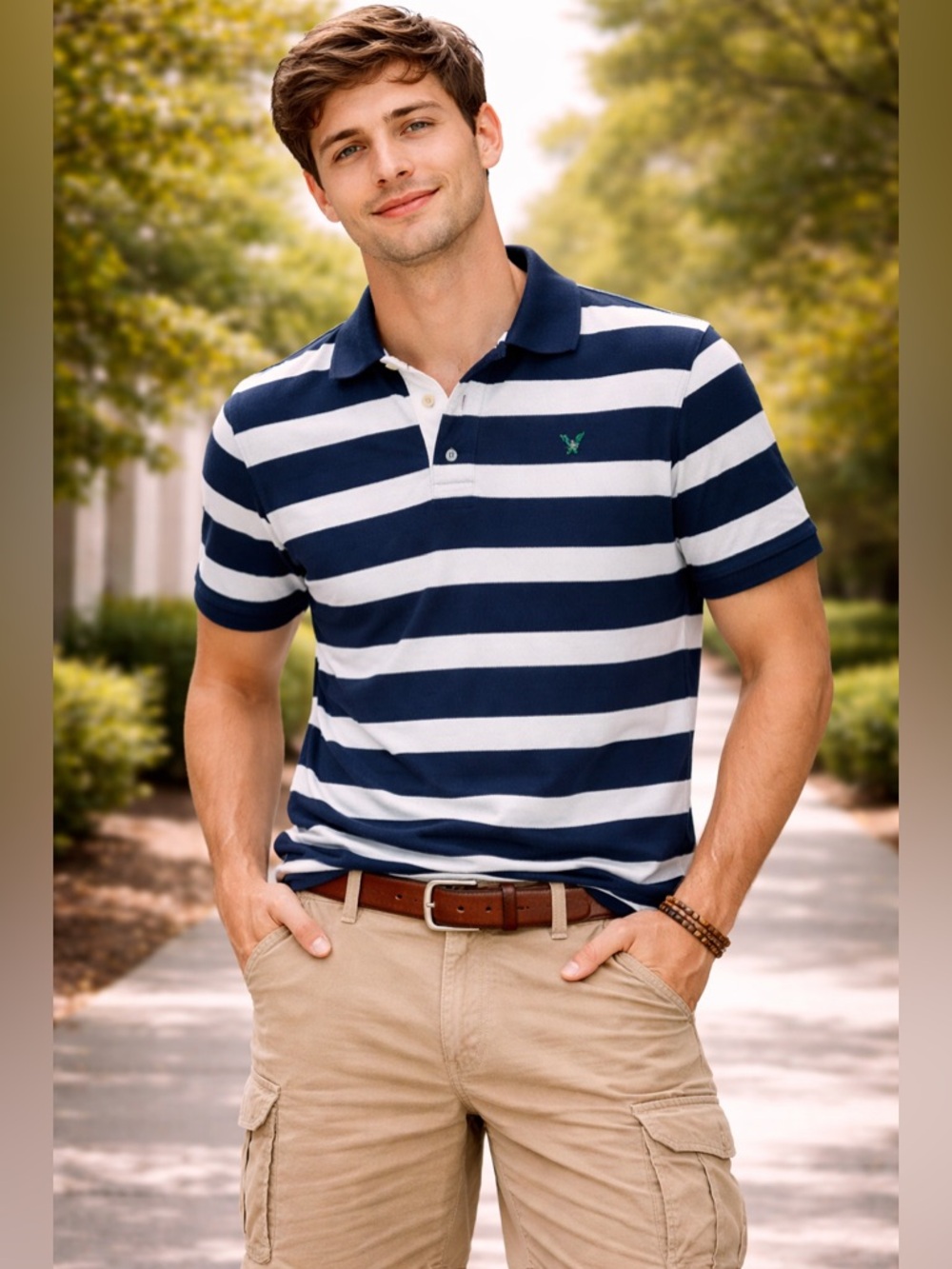 American Eagle Outfitters Blue and White preppy Striped y2k Polo Shirt
